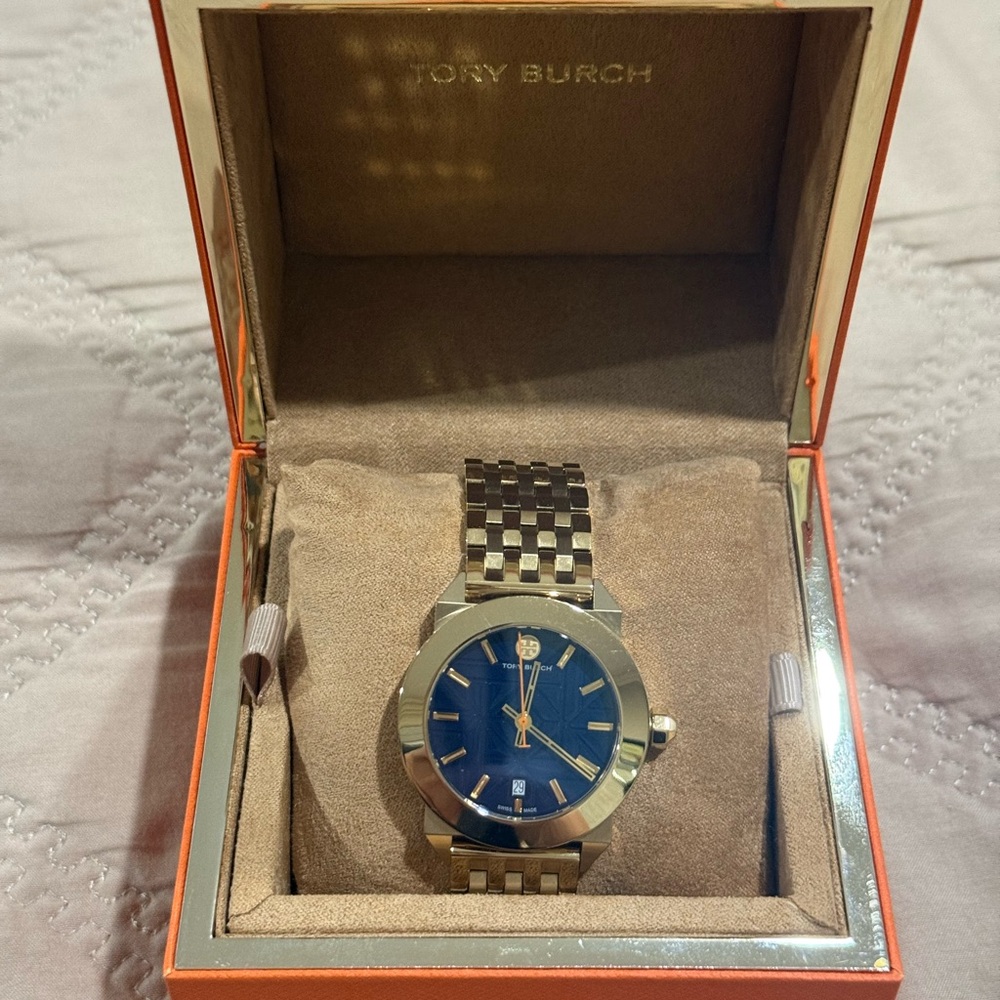 Tory Burch Gold Watch with Navy Dial